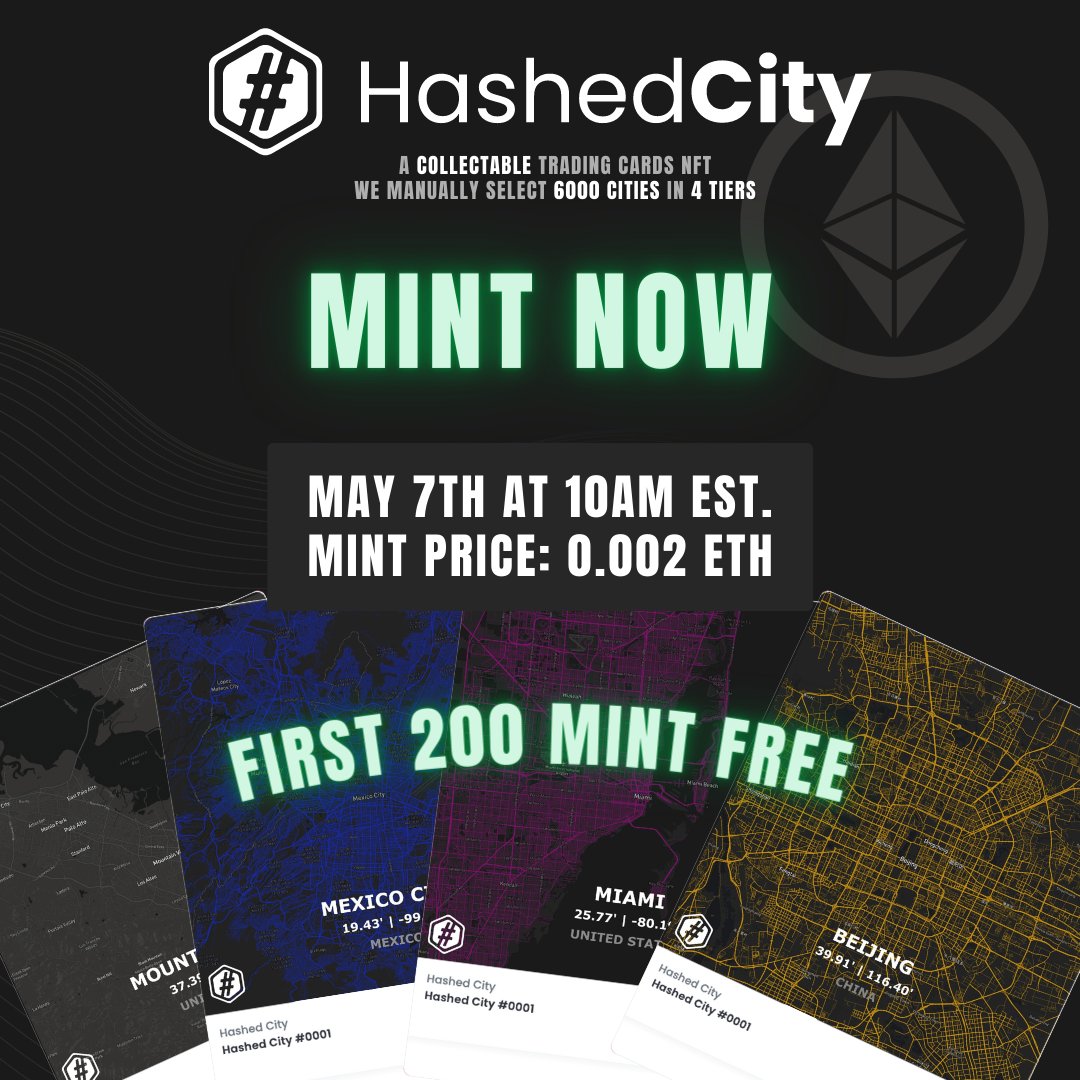 HashedCity's tweet photo. 🌆 Hashed City Mint Details

🟢 MINT NOW 🟢

🤯 First 200 Mint FREE
💰 Price: 0.002 eth
🔥 Official MINT Page: https://t.co/4DDjourtQI
🎆 Links: https://t.co/57MkEyqPcr

#NFTGiveaway #NFTCollection #NFT #nftcollector  #nftinvestor #NFTdrop #NFTs https://t.co/RUCJe2wWkU