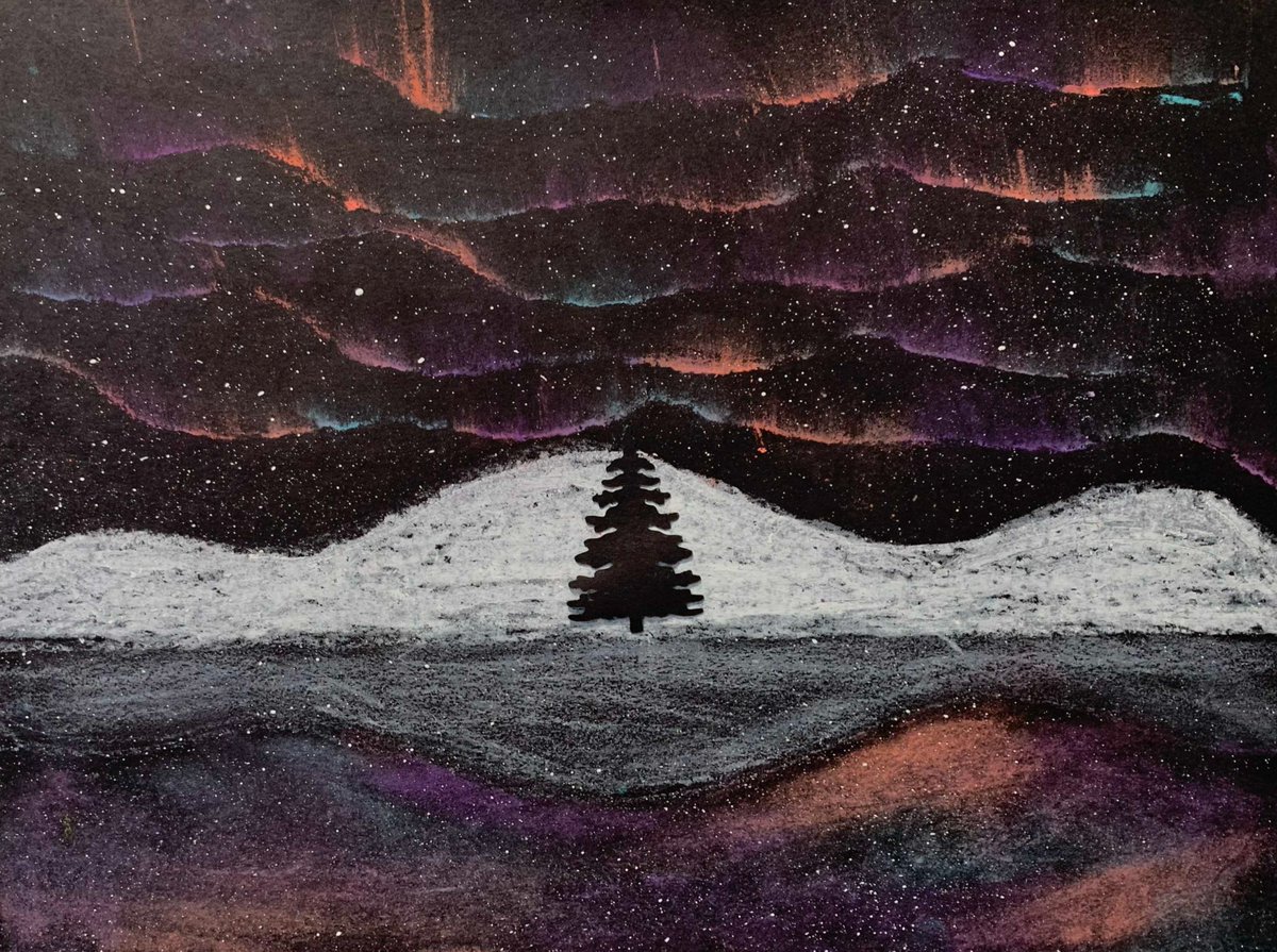 montcrest's tweet photo. Grade 4 and Grade 5 students created unique Northern Lights paintings, inspired by countries such as Iceland, Norway and Sweden. To create the landscapes, students used oil pastel, chalk pastel and acrylic paint for the starry filled skies.  #InnovativeCreators #ArtClub https://t.co/MvjdjWmlTF