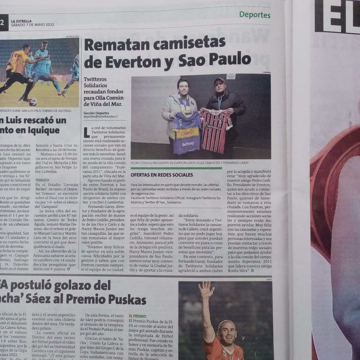 FernandoGarayP's tweet photo. Hasta este domingo 8 de mayo recibiremos ofertas del remate de las camisetas de @evertonsadp y @SaoPauloFC_esp cuyos fondos serán para comprar alimentos para la olla común del campamento “Esperanza 2011” de #Viñadelmar VAMOS POR MÁS @Tws_Solidarios RT https://t.co/L6x3BgPpHh