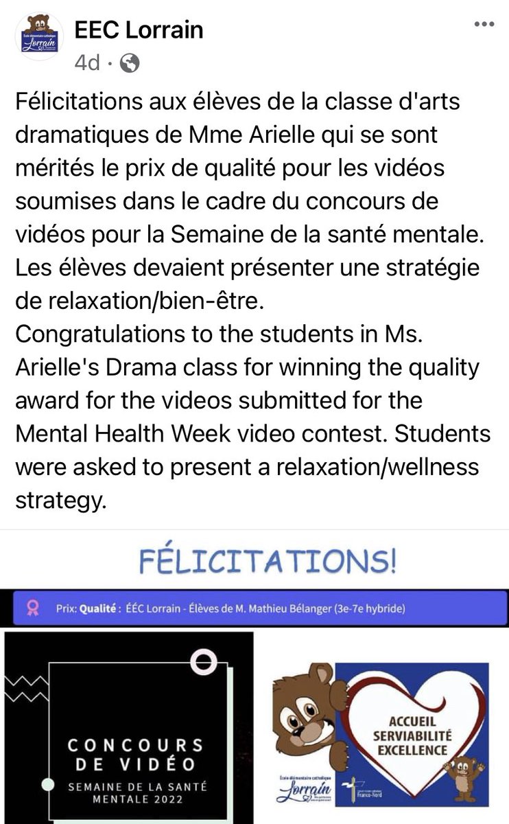 L’apprentissage socioémotionnel est vécu tout au long de l’année et encore plus cette semaine. Voici des belles activités qui ont eu lieu durant la #semainedelasantementale @CSCFrancoNord  #parlerpourvrai #eeclorrain #eecchristroi ##CSCFNsantémentalepositive <a href="/SMHO_SMSO/">School Mental Health Ontario</a>