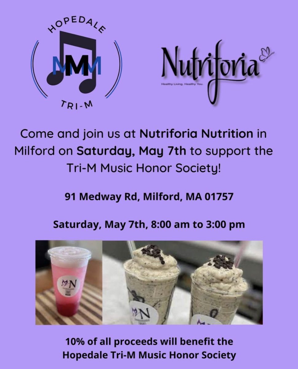 TriMHopedale's tweet photo. Stop by Nutriforia today to support Tri-M!!! @cchatham5  @HFOM_Hopedale @hopedalejshs @DerekAtherton1 @MrBeaudry1 @HopedaleAP https://t.co/JPfXNbw7ms