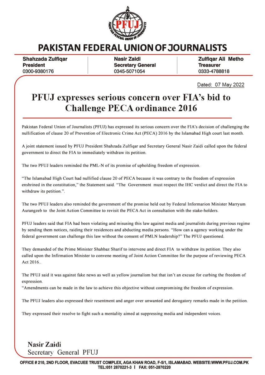 OfficialPfuj's tweet photo. PFUJ expresses serious concern over FIA’s bid to
Challenge PECA ordinance 2016
@OfficialKUJ @IFJGlobal @geofahmigeo
@AsmatullahNiazi https://t.co/GzFL38GRJp