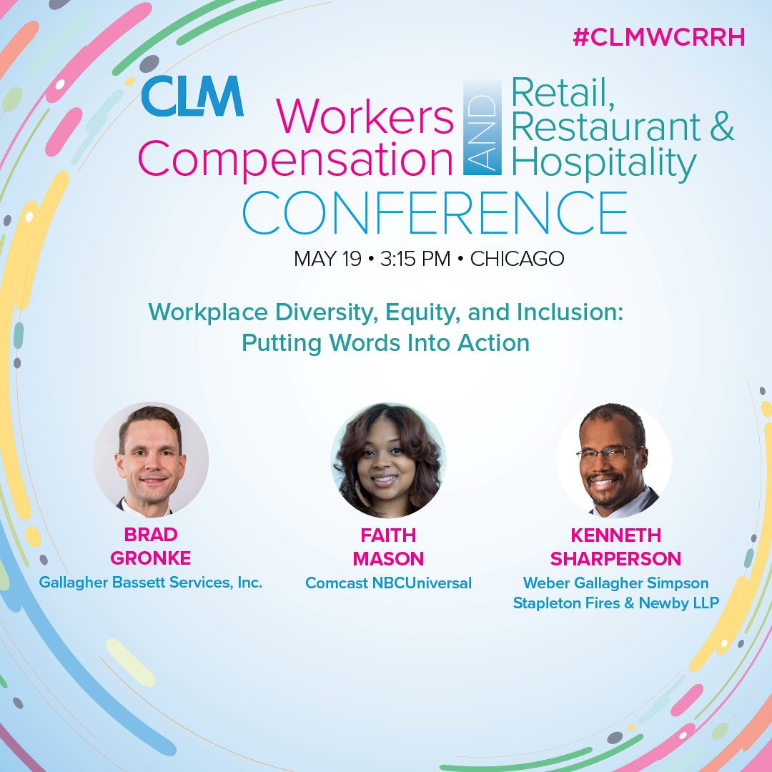 Still time to register for our conference and learn more about how to put #DEI words into action through concrete steps with: @drbradgronke, <a href="/gbtpa/">Gallagher Bassett</a>; Faith Mason, <a href="/comcast/">Comcast</a>; Kenneth Sharperson, <a href="/WeberGallagher/">Weber Gallagher LLP</a>. Learn more and register ➡️ bit.ly/34glfbX #CLMWCRRH #Insurance