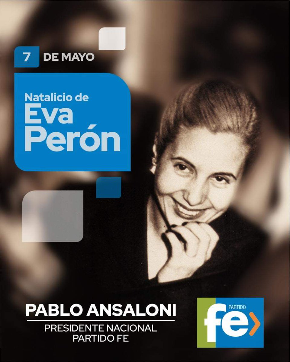 Desde el Partido Fe honramos la memoria de #EvitaEterna en el día de su natalicio y remarcamos su importancia en la política argentina. La vida de Eva fue y es la prueba fehaciente de la necesidad de que las mujeres ocupen lugares de poder y tengan representación.
#EvitaCumple