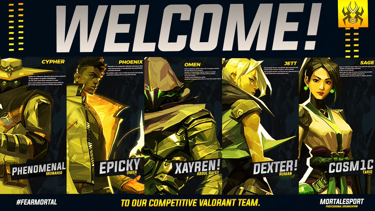 mortal_esp's tweet photo. Presenting Our Official Valorant Roster!

Introducing;
MT Xayren (@XayreNNN)
MT Phenomenal (@phenomenalvalo)
MT Dexter (@DexterValorant)
MT Cosm1c 
MT Epicky

#FEARMORTAL🕷️ https://t.co/KUhExHoM6h