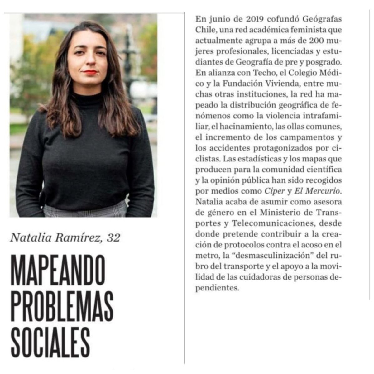 Nuestra @natytoti reconocida entre 100 jóvenes líderes!! Tremendo orgullo para el <a href="/MTTChile/">Ministerio de Transportes y Telecomunicaciones</a> contar contigo en el equipo. Los sistemas de transporte necesitan el enfoque de género para proveer movilidad y acceso de real calidad y sustentabilidad. 

Gran labor desde @geografasCL.
