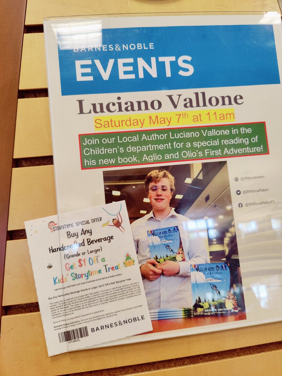 BNBocaRaton's tweet photo. Storytime today is a special one! Today we have a local author, Luciano, reading his book, Aglio and Olio's First Adventure today at 11AM! 

Join us for storytime and parents can get $1 off a kids storytime treat with the purchase of a handcrafted beverage! Today only! https://t.co/wK1iXd2o25