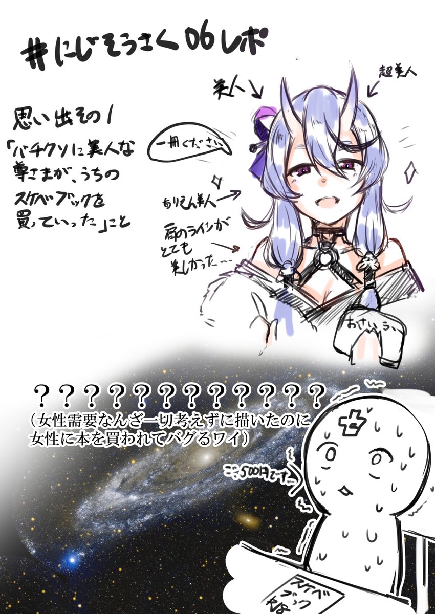 #にじそうさく06 
個人的レポ絵そのいち(続くかは未定)

同人イベントサークル参加は2020年初頭以来なので非常に緊張しましたが、本当に楽しめました
参加者の皆さん、運営の皆さんに心からの感謝を! 