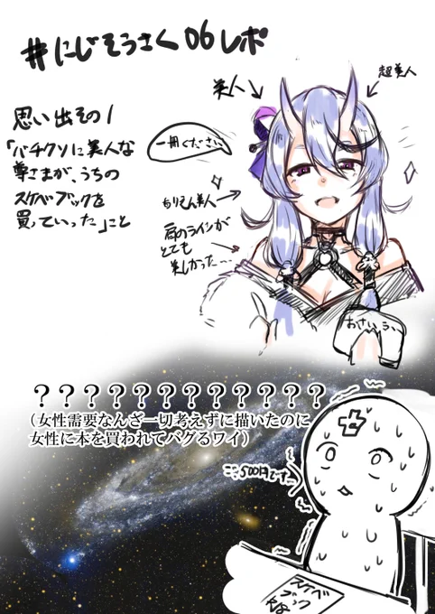 #にじそうさく06 
個人的レポ絵そのいち(続くかは未定)

同人イベントサークル参加は2020年初頭以来なので非常に緊張しましたが、本当に楽しめました
参加者の皆さん、運営の皆さんに心からの感謝を! 