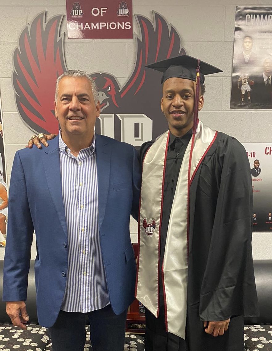 JoeLombardiIUP's tweet photo. Congrats to @afoster3__ on his graduation this morning from @IUPedu 👏.  Leaving @IUP_MBB with 3 💍 and a degree in Crim.Has grown immensely and been a blessing in our lives.🙏 May God bless him in his future endeavors.✝️ Much love❤️ Hawk Fam forever. #g2G https://t.co/B095LXXWbv