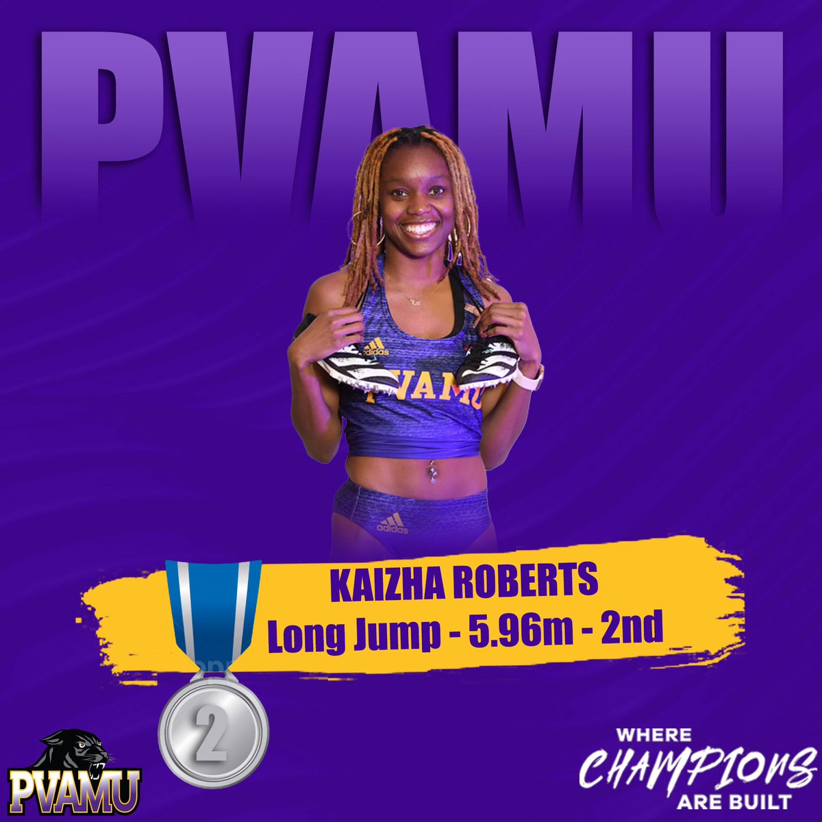 PVAMUPanthersTF's tweet photo. ANOTHER ONE ๐คฉ
Congrats to @kai_zha2017 bringing home the ๐ฅ. Come watch her compete today in the 100m finals at 11:40 a.m.
#pvamutf ๐จ https://t.co/M5rVYiILoD