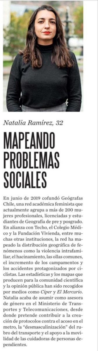 Hoy, en la Revista Sábado del diario El Mercurio, nuestra primera co-directora <a href="/Natytoti/">Natalia Ramírez 🌳</a> fue nombrada dentro de los 100 líderes jovenes de Chile.

Como <a href="/GeografasCL/">Geógrafas Chile</a> nos sentimos muy orgullosas de sus logros, posicionado a de geografía y mujeres dentro de las decisiones públicas
