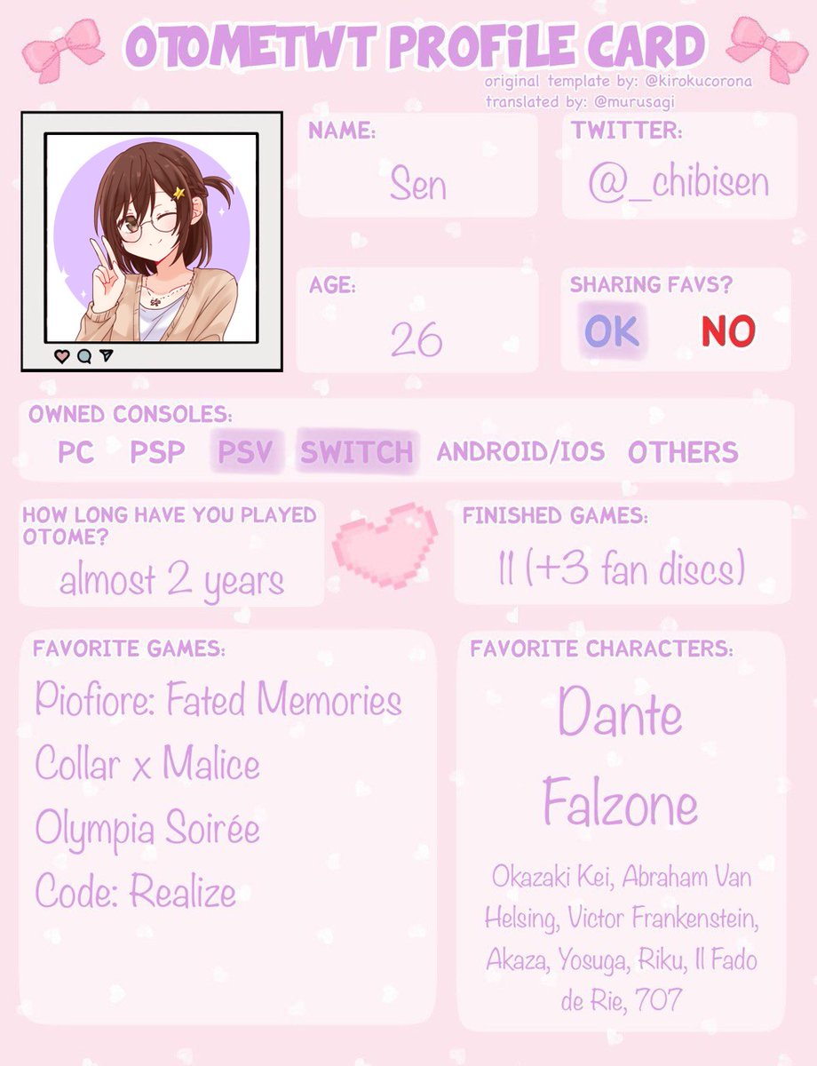 _chibisen's tweet photo. i've only recently found out about #otometwt and saw this profile card, so i decided to give it a try and introduce myself 😊 i'm terribly shy but let's be friends!

i also wanted to share more stuff aside from what's in the profile card so i made a carrd! https://t.co/TUo75lJJlt https://t.co/yn3USFh7Qp