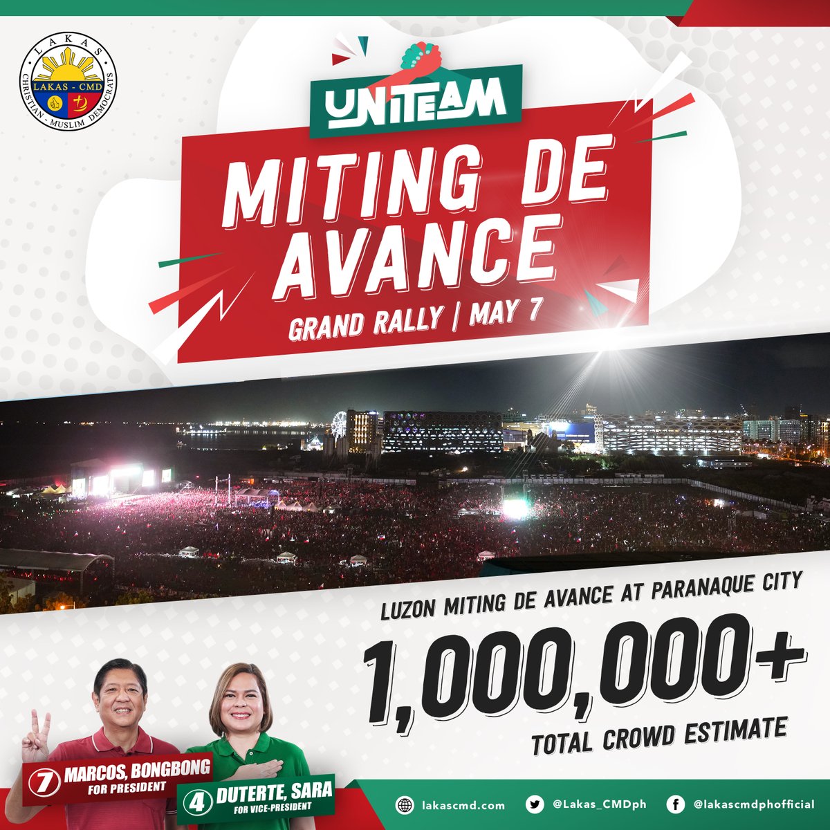 BREAKING | Crowd estimate at Uniteam Miting de Avance in Paranaque breaches 1 million-mark as of 10 pm.

#PulaAngPilipinas
#samasaratayo
#BuongBansaMagkaisa 
#UniTeamBBMSara2022