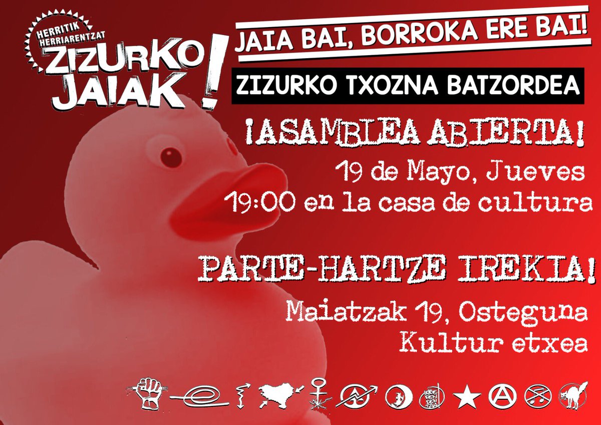Gure herriko jaietan parte hartzeko ideiak eta gogoa behar ditugu.
Lehenengo deialdia maiatzaren 19an izango da, 19:00etan, kultur etxean. Zuen zain egongo gara!
GORA ZIZURKO JAIAK🔥