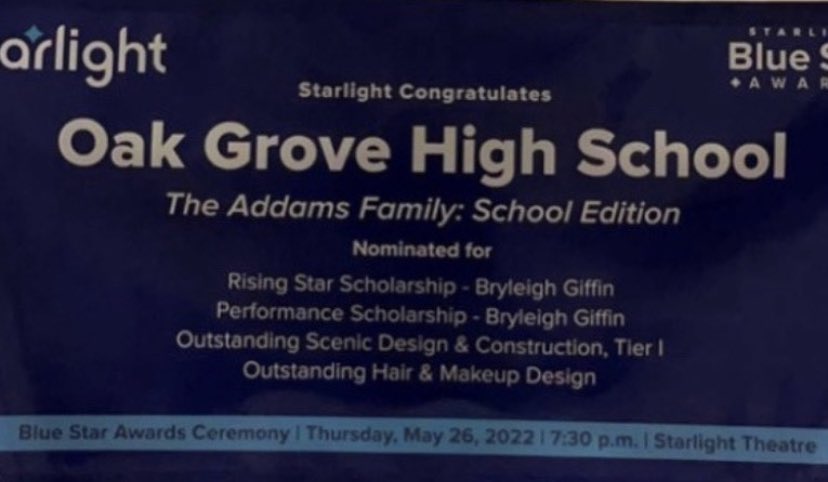 Congrats to the cast and crew of THE ADDAMS FAMILY on their Blue Star nominations! Congrats to the following students who earned a spot in the 22-23 Rep Class! Congrats to the 22-23 Officers! Congrats to the cast and crew of OUTSIDERS for a fantastic run at State!