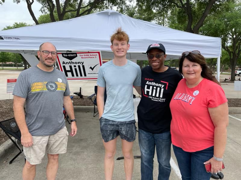 Hill4CISD's tweet photo. Love to see first time voters! Thanks to Kendra and Tom Dwyer and son Aidan who is a 1st time voter! Thanks for your support! 
#workingforeveryone https://t.co/NzL0bBJT78