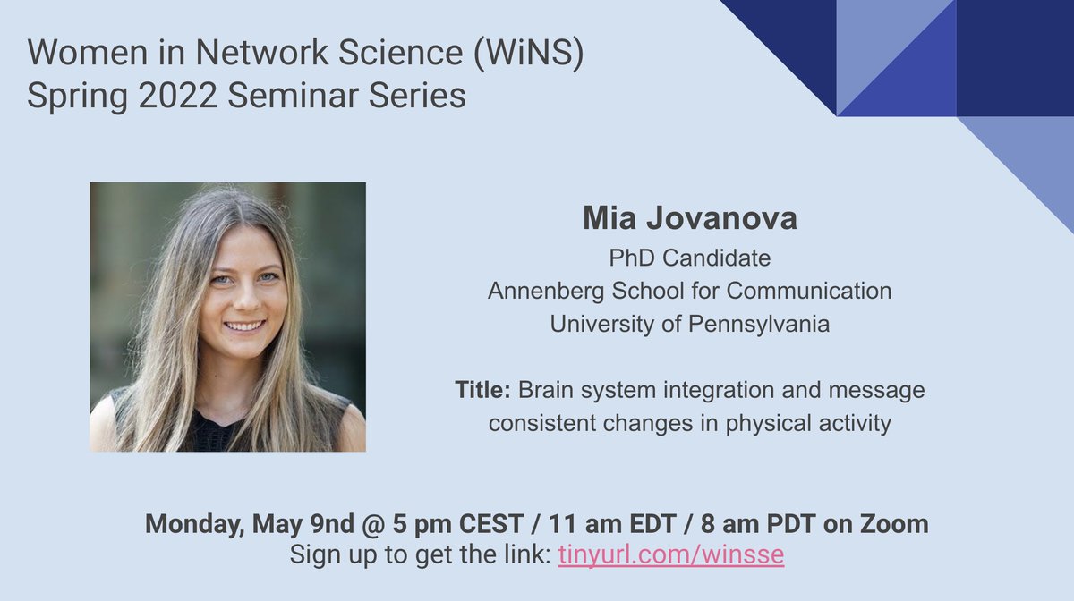 WiNS_Society's tweet image. The next WiNS Seminar speaker is Mia Jovanova @AnnenbergPenn!

Join us to learn how she uses tools from comp. social science, neuroscience, and network science to study health behavior⤵️

⏰Mon, May 9th, 5pm CEST/11am EDT on Zoom

Sign up at tinyurl.com/winsse for the link