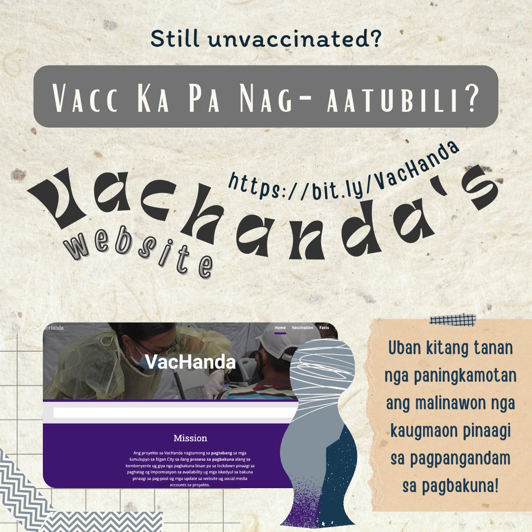 project_vkn's tweet photo. Nandito na! Ang ano? Ang pinakahinihintay na VacHanda website! 🤩

Ang site na ito ay naglalaman ng mga kinakailangan mong impormasyon upang makapagpabakuna sa lokal ng Iligan City. Not sure what to bring? Not sure when to go? Not sure what to do? 😵‍💫 https://t.co/R8thdk83NT