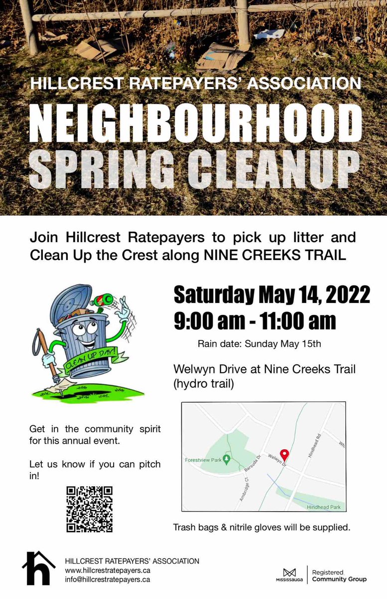 HRA_Mississauga's tweet photo. Neighbourhood Spring Cleanup MAY 14, 2022
9:00 am - 11:00 am

Show your community support to help keep our outdoor spaces litter free

Come out and pitch in!
#Mississauga #community #hillcrest #ratepayers #ninecreekstrail https://t.co/4tiAJrqB6B