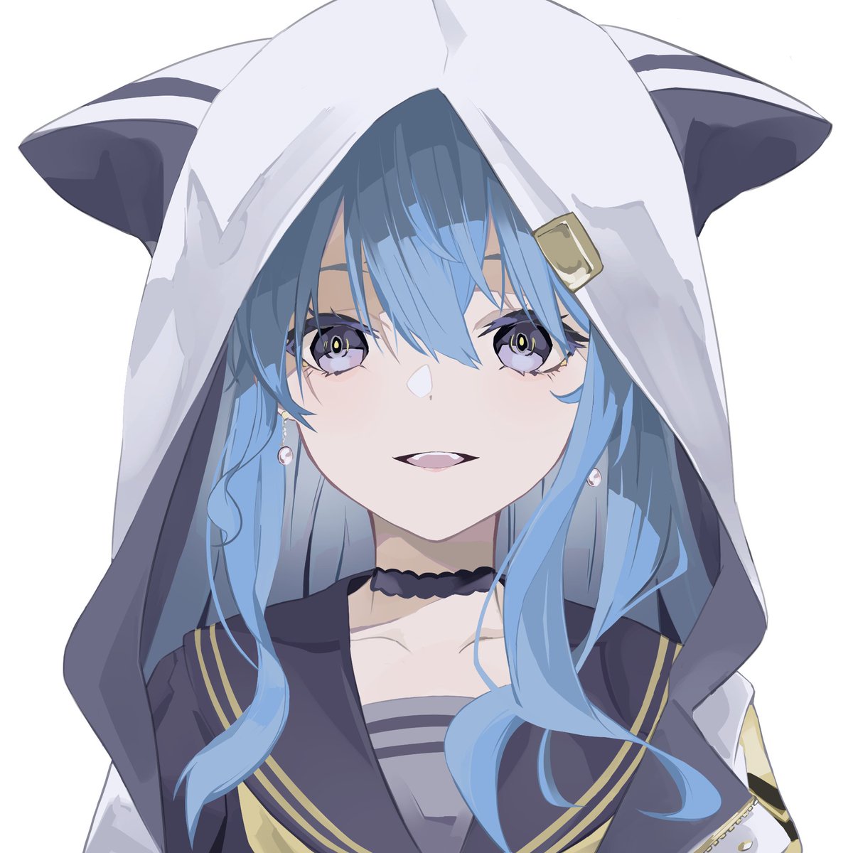 hoshimachi suisei 1girl solo blue hair hood hood up white background looking at viewer  illustration images