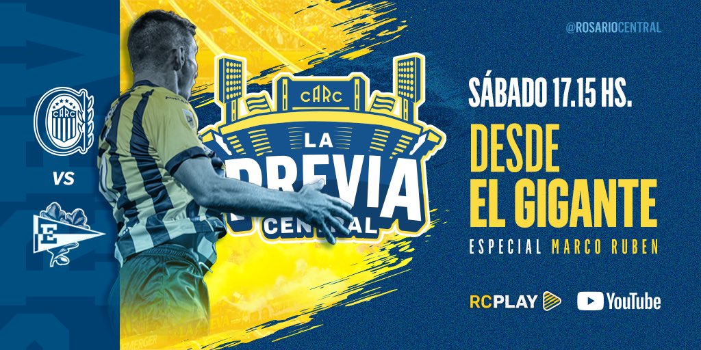 🔜 ¡HOY en el GIGANTE se viene un día especial para Marco Ruben y toda su hinchada! ¡Viví EN VIVO toda #LaPreviaCentral! 🇺🇦
 
🆓 Registrate GRATIS
🎦 rosariocentralplay.com
 
📲 ¡Descargá la App!
▶️ iOs: apple.co/2XQFzxb
▶️ Android: bit.ly/2XQFAkJ