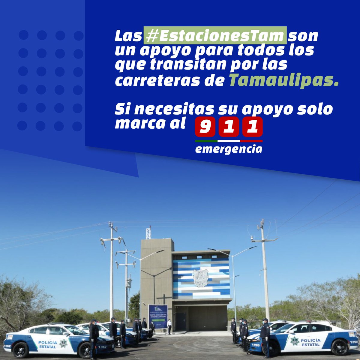 fgcabezadevaca's tweet photo. Las #EstacionesTam están para servirte con elementos de seguridad en las carreteras de #Tamaulipas y con los Ángeles Azules TAM se brinda atención mecánica e información turística las 24 horas.

Si necesitas algún servicio, marca al #911.

Transita seguro por nuestras carreteras. https://t.co/YycNnRyez5