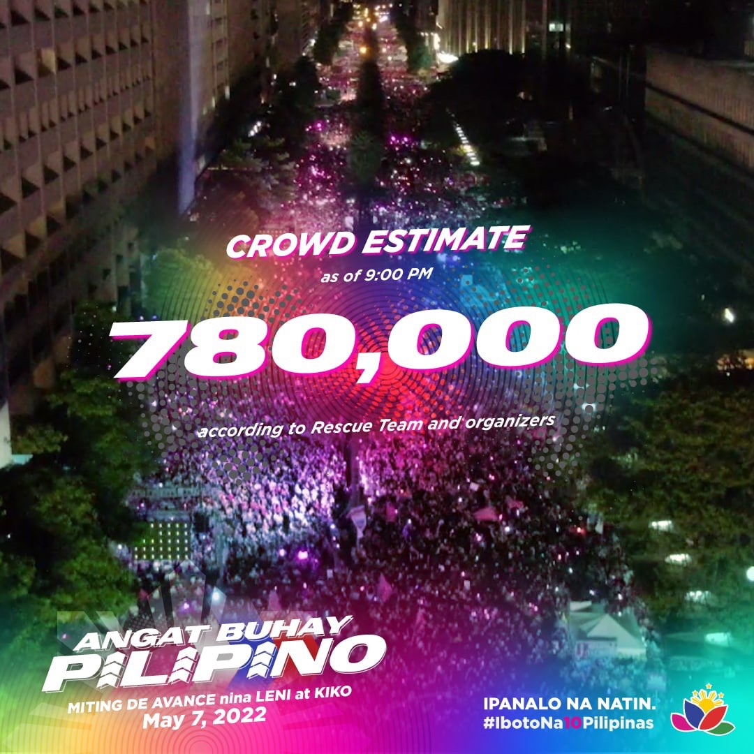 subingsquared_'s tweet photo. After 90 days, 17 regions and 68 provinces, finally at the finish line.

Vice President Leni Robredo and Sen. Francis Pangilinan commanded their largest rally to date: 780,000 along Ayala Avenue, once the site of the "Yellow Confetti" movement of 1983. https://t.co/S8U0Vtj4q2