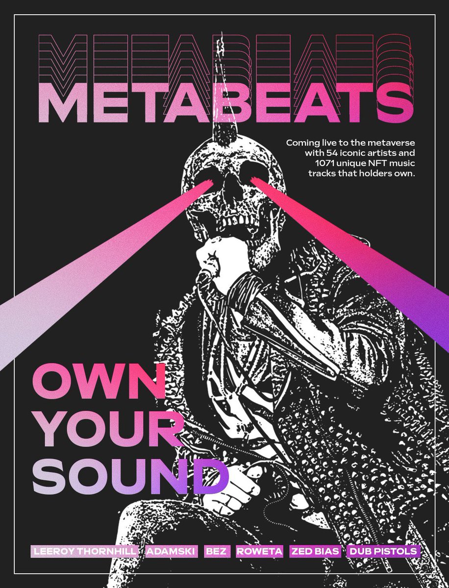 GMulrine's tweet photo. A music centered NFT collection where artists can turn their music into NFT's. Founded by Leeroy Thornhill (The Prodigy) artists also include Adamski, KKlass, Lisa Lashes, Freestylers, Dub Pistols, NJOI and many more
#OwnYourSound @MetabeatsNFT https://t.co/x6DcvmKb7T