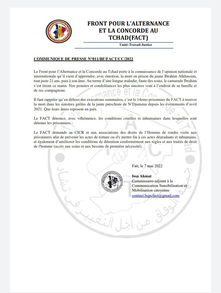 leFact's tweet photo. #Tchad prisonnier de #Fact décédé faute de soins.
#CICR , #CTDDH. https://t.co/DgjENHVidq