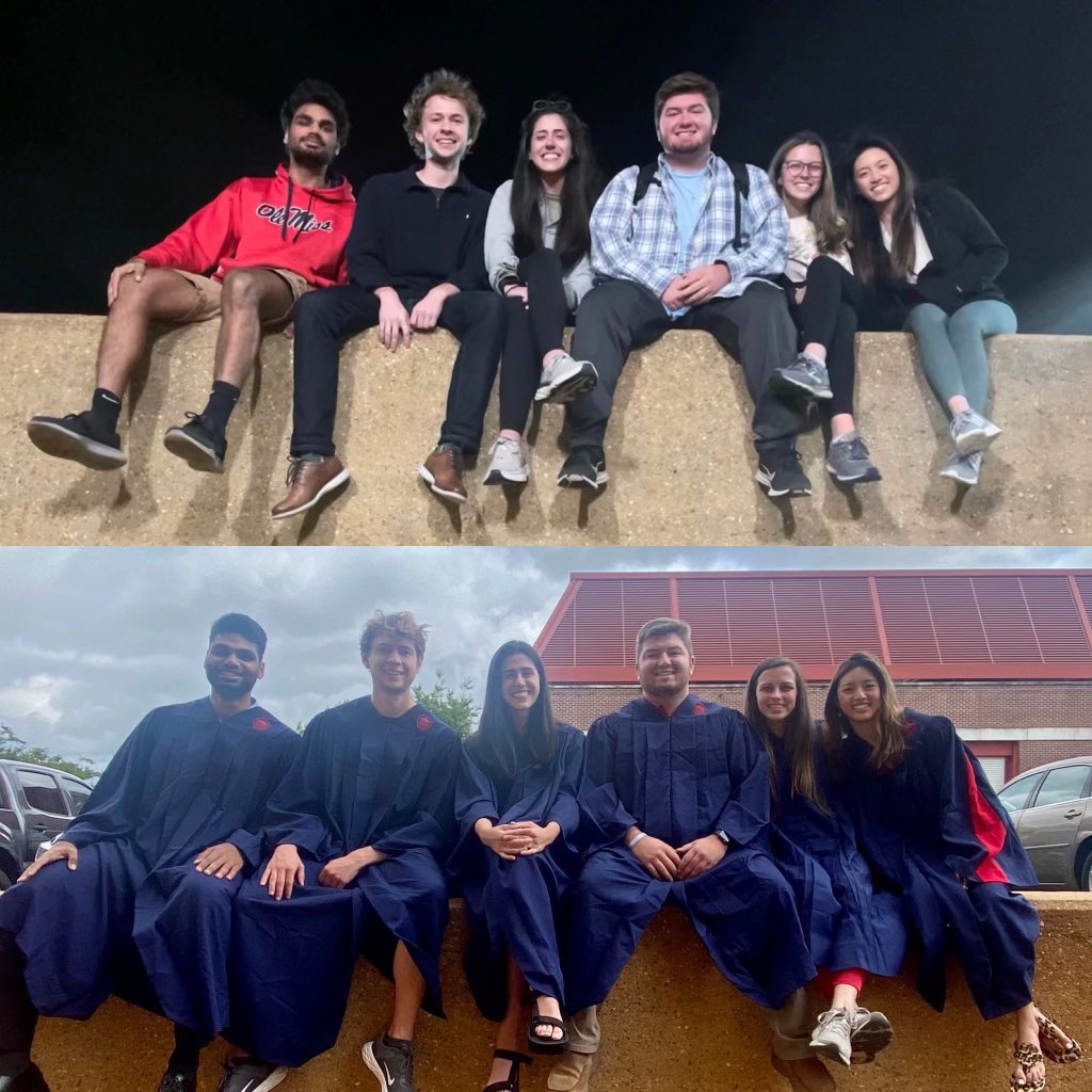 I was told some students from my Fall 2020 Biochem class made a “Biochem  Study Group”. A time lapse photo from Fall 2020 (top) and Spring 2022 after graduation (bottom). What an amazing picture. Thanks Aditya for sharing this with me. <a href="/umlibarts/">UM Liberal Arts</a> <a href="/OleMiss/">Ole Miss</a>