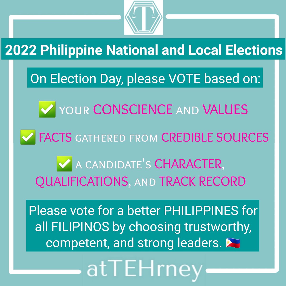 AtTEHrney's tweet photo. [2022 Philippine National and Local Elections]
Let's vote for a better Philippines for all Filipinos by choosing trustworthy, competent, and strong leaders. 🇵🇭
#atTEHrney2022040 #Abogado #AttorneyPH #Batas #LawPH #LawyerPH https://t.co/wtpe4XG20k
