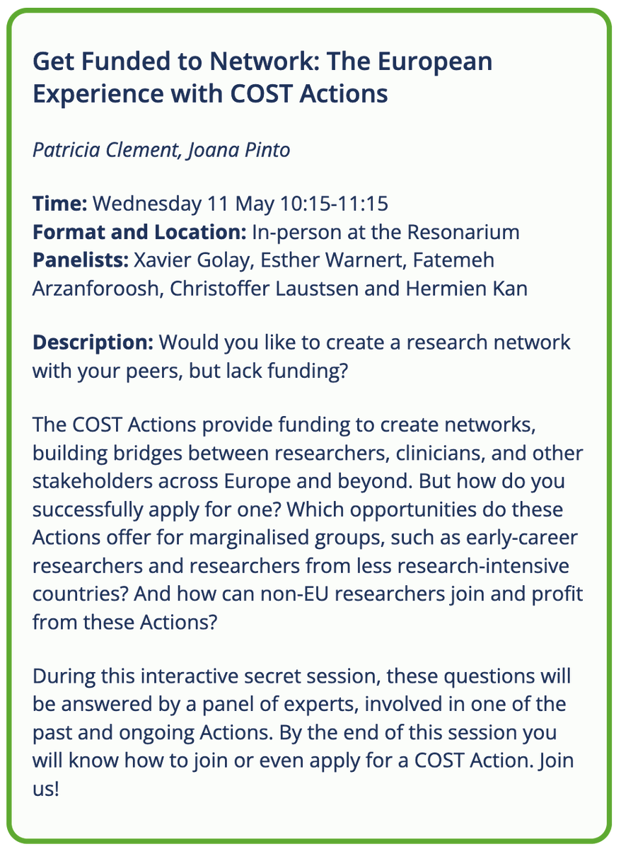 StfnnftS's tweet photo. #ismrm22 What is a COST action? Find out more at the #secretsession22 on "Get Funded to Network: The European Experience with COST Actions" by Patricia Clement and @joanacspinto on Wednesday 11 May 10:15-11:15 taking place in the Resonarium @ismrm. https://t.co/aYViTS3eHe