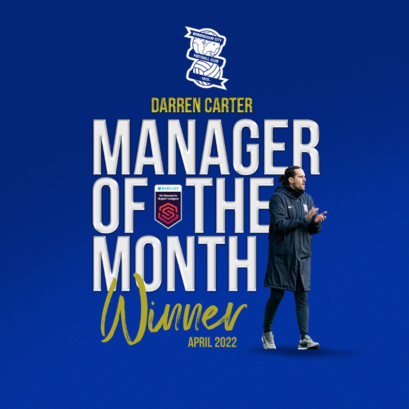 BCFCWomen's tweet photo. Darren Carter has been named as @BarclaysFooty Manager of the Month for April! 👏

Well deserved, Gaffer! 🙌