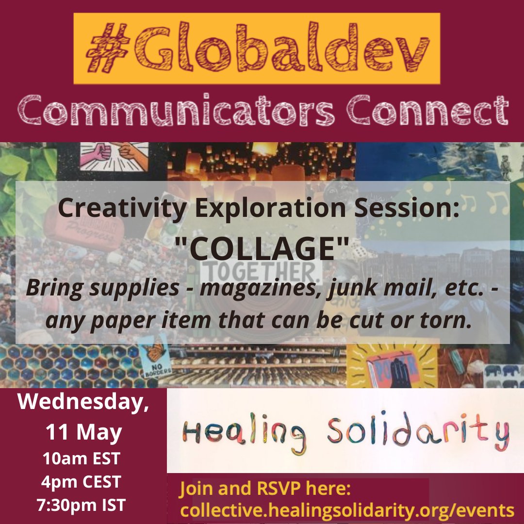 intldogooder's tweet photo. This Wednesday! Grab your supplies and join us @_healingsol ! RSVP & details here: https://t.co/A679B7ho2I
#CollageIsForEverybody #TakeACreativeBreak #StretchYourHeartAndMind #NonprofitLeadership
#Globaldev #GlobalHealth #NGOs #nonprofits #Comms4Dev #Comms4Good https://t.co/zzHMdjpvvh