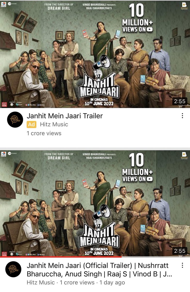 10 million view in one day 🥳🎉Thank you for the overwhelming response to the trailer 🙏❤️ Link in bio. #JanhitMeinJaari; releasing in cinemas on 10th June 2022!