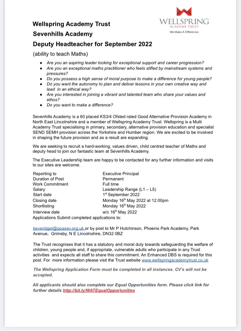 Maths teachers looking for a change & a move into leadership @Sevenhills___ has a fantastic opportunity for you to join them. #Maths #AP #Leadership sevenhillsacademy.co.uk/deputy-headtea…