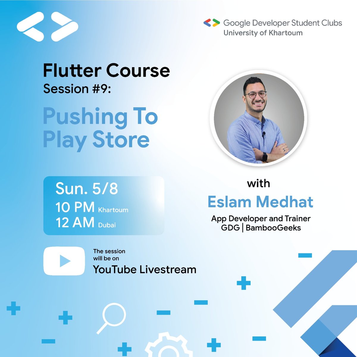 gdsc_uofk's tweet photo. Session #9 of the Flutter course will be held tomorrow at 10 PM (Cairo, 2:00 + GMT) 

To ensure attendance, obtain RSVP through this link: https://t.co/gpunjRDjuC 

Session stream (set reminder): https://t.co/DTfPqIbOEm 

#Flutter
#GoogleDeveloperStudentClubs
#GDSCMENA https://t.co/wHc447ogGS