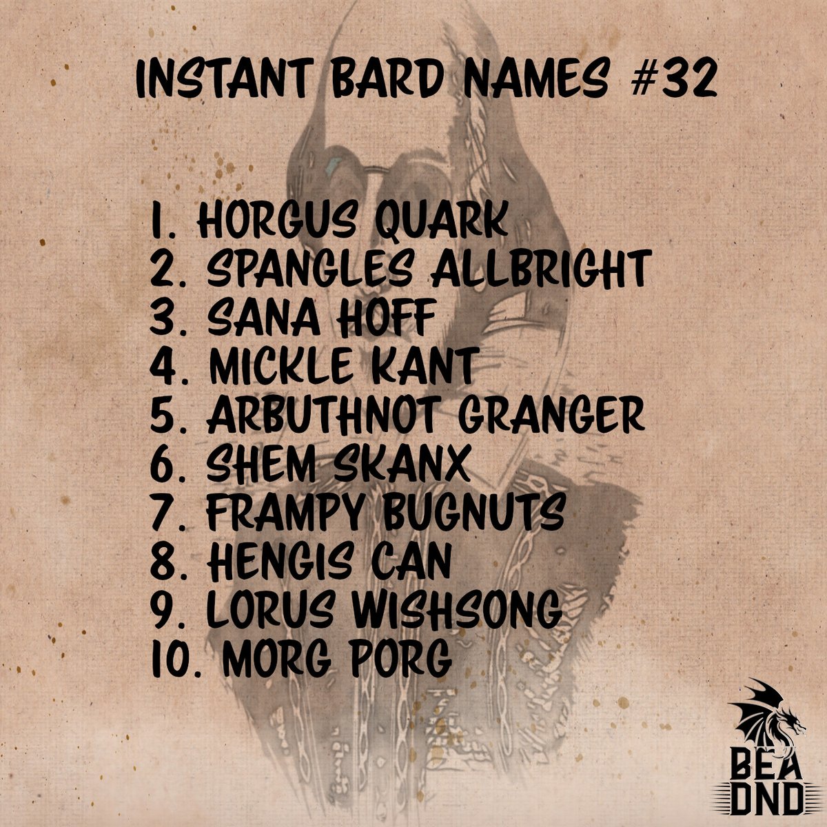 bea_dnd's tweet photo. Sana Hoff has a funny walk and sings about it encouraging all others to emulate her strange gait.
#DnD #DMResource #TTRPG #NPC #Lists #Inspiration https://t.co/tuI5zDGwal