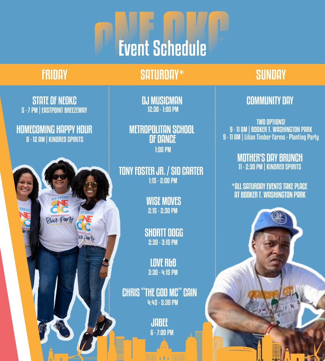 OneOKCEvent's tweet photo. 🥳 FREE FAMILY FUN starts at NOON! Check out the full schedule for the #oNEOKC Block Party! Grab your fam and hang out today at Washington Park! https://t.co/SHtabprJpa
