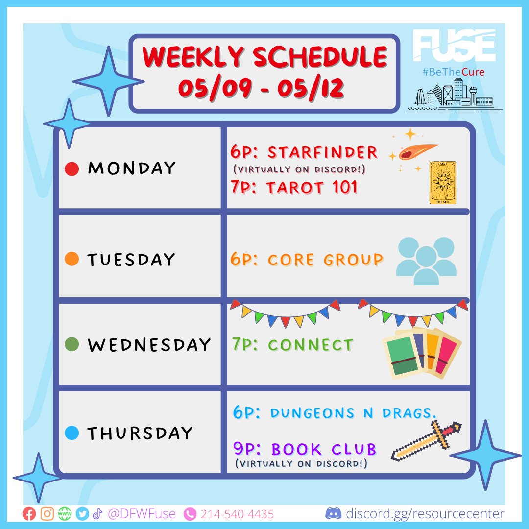 Here is our calendar for the week!  Hope to see y'all! Let Max or Javier know if you want to be part of the Core Group!

Fuse is a Social Group for 18-35-year-old guys who like other guys!

#DFWFuse #DFWFuse #gay #gaydallas #dallaslgbt #dallaslgbtq