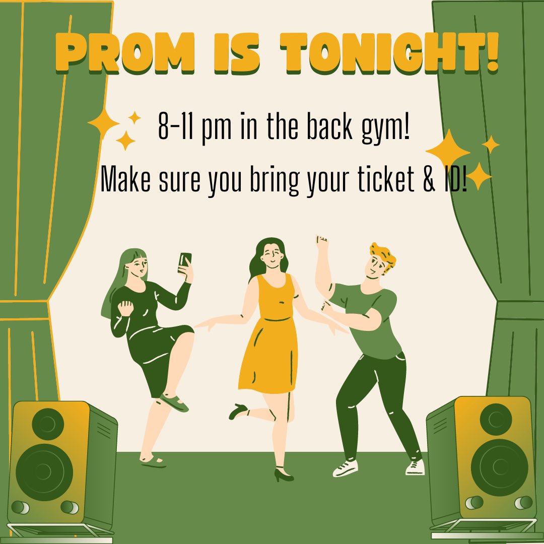 PROM IS TONIGHT!! 8-11 in the back gym! Remember to bring your ticket &amp; ID! 💃🏻🕺🏻
<a href="/TheHerdCHS/">The Herd™</a>