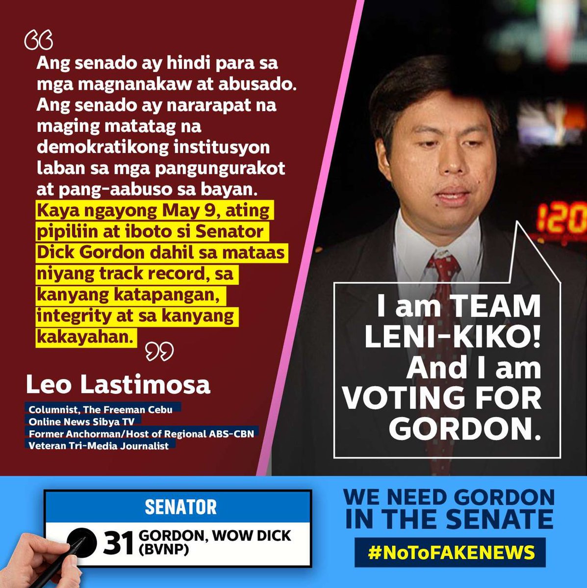 DickGordonDG's tweet photo. Maraming salamat, Leo Lastimosa. Tama ka na ang Senado ay dapat protektahan. Makakakaasa ka na ating ipagpapatuloy ang laban sa Senado.
WATCH https://t.co/z9vriCOHXq
#31WowDickGordon2022
#IpasokSiDick
#NOtoFAKENEWS
#TatayoParaSaBayan
#IpanaloNa10ParaSaLahat https://t.co/BoBBy90gtP