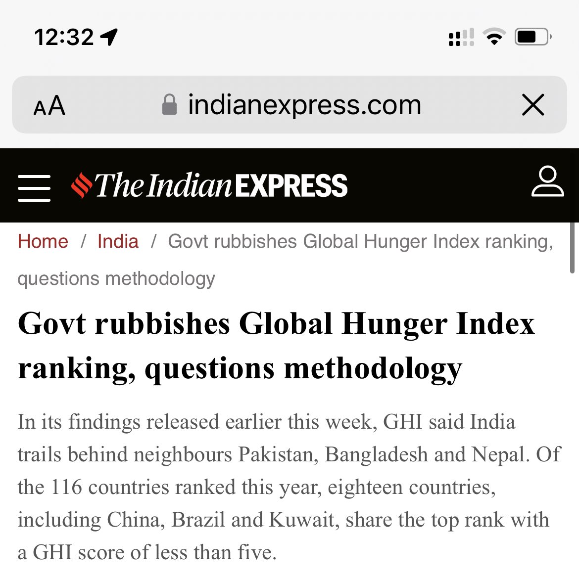 **Global Hunger index rank - 101/116**‘Govt rubbishes Global Hunger Index Ranking, questions methodology’ 3/n