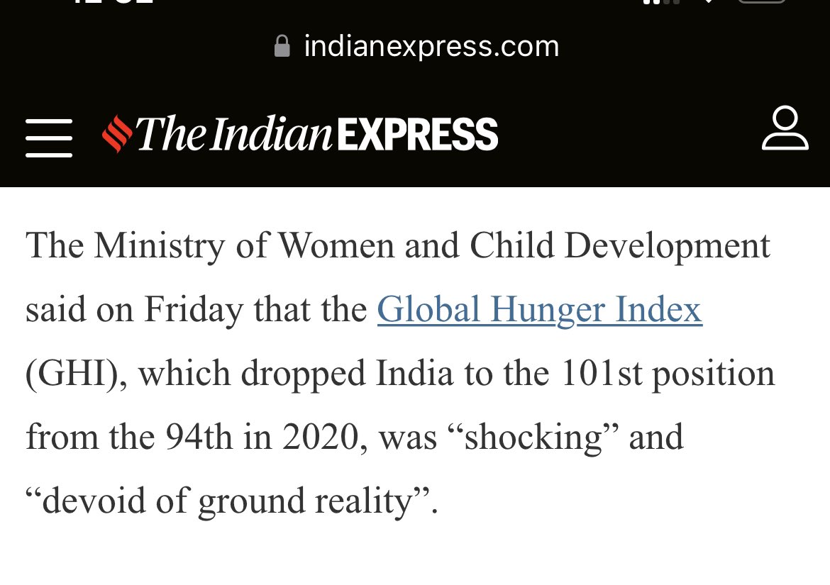 **Global Hunger index rank - 101/116**‘Govt rubbishes Global Hunger Index Ranking, questions methodology’ 3/n