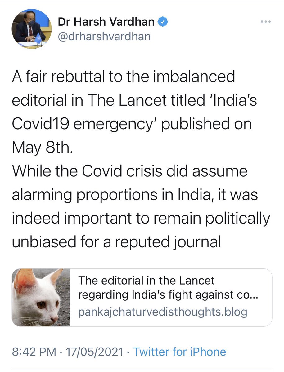 **Lancet editorial in 2021: ‘At times, PM Narendra Modi& #39;s Govt has seemed more intent on removing criticism on Twitter than trying to control the pandemic’**Former Health Minister calls it an ‘imbalanced editorial’ and refutes The Lancet with a cat dp blog7/n