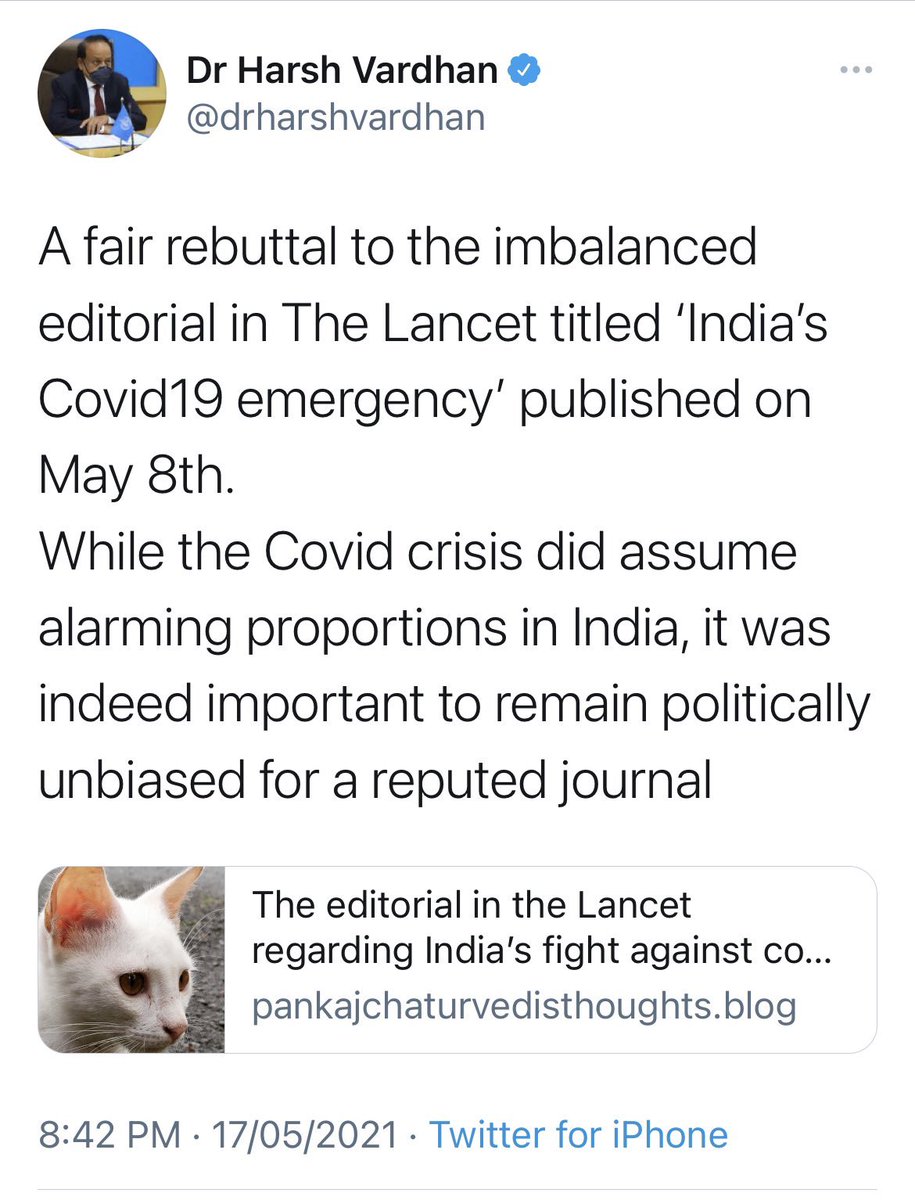 **Lancet editorial in 2021: ‘At times, PM Narendra Modi's Govt has seemed more intent on removing criticism on Twitter than trying to control the pandemic’**Former Health Minister calls it an ‘imbalanced editorial’ and refutes The Lancet with a cat dp blog7/n