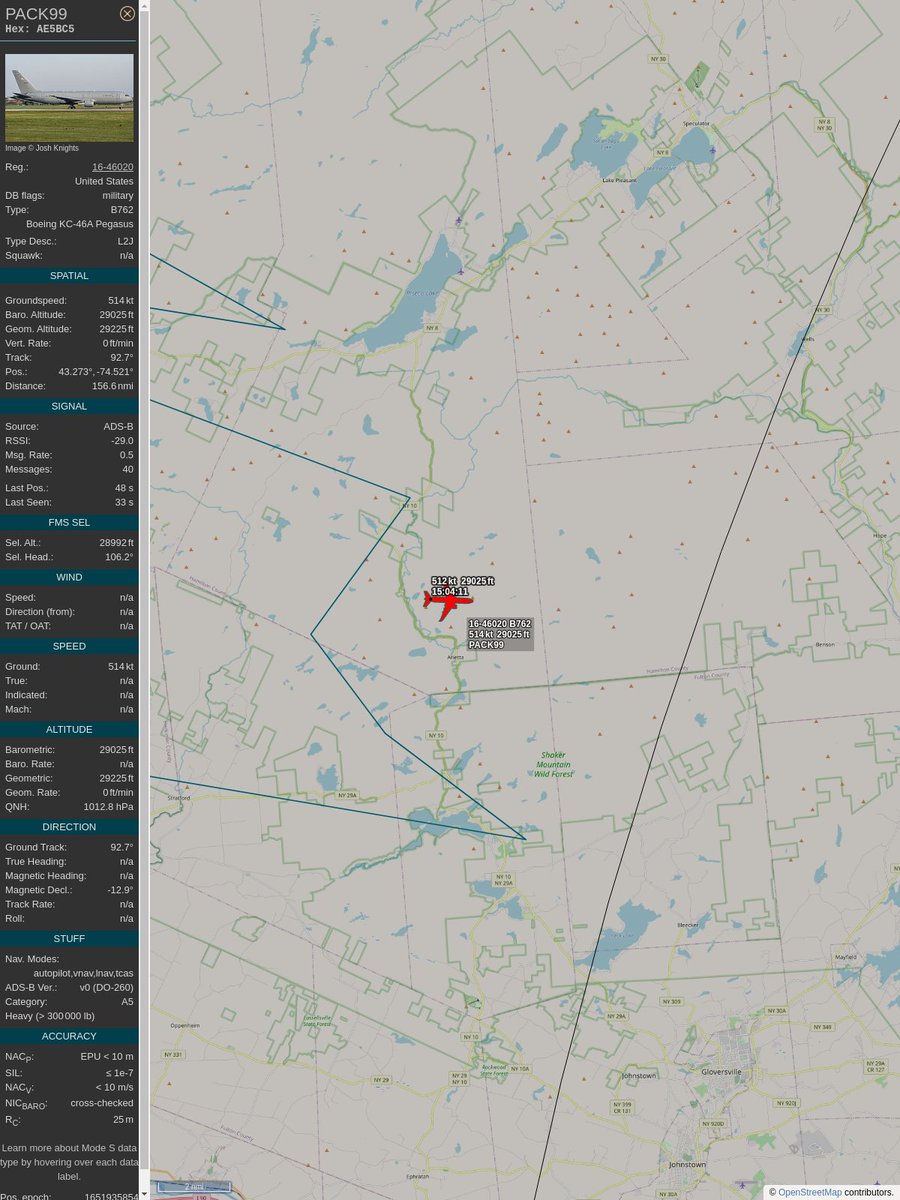 PlaneBoston's tweet image. #PlaneAlert ICAO: #AE5BC5 Tail: #1646020 Flt: #PACK99 
Owner: #UnitedStatesAirForce
Aircraft: #Boeing KC-46A Pegasus
2022/05/07 11:04:14
#B762 #Air2Air #Shiny #ToFlyFightAndWin en.wikipedia.org/wiki/Boeing_KC… 
globe.adsbexchange.com/?icao=AE5BC5&amp;amp;s…