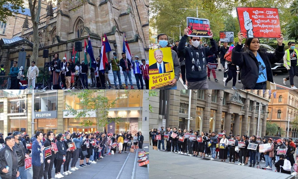 cheesylover95's tweet photo. Anti-coup revolutionary strike in Australia's Sydney by pro-democracy Myanmar nationalities and activists.  #2022May7Coup #HelpMyanmarIDPs #WhatsHappeningInMyanmar https://t.co/DkjPiChvGA