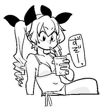 水着でジュースを啜るチョビ。 